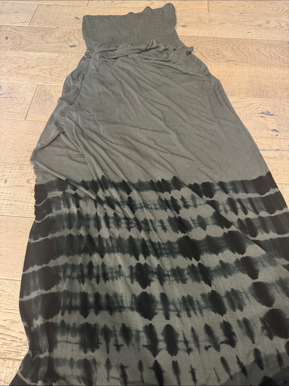 Smocked Olive Green and Black Tie-Dye Maxi Dress